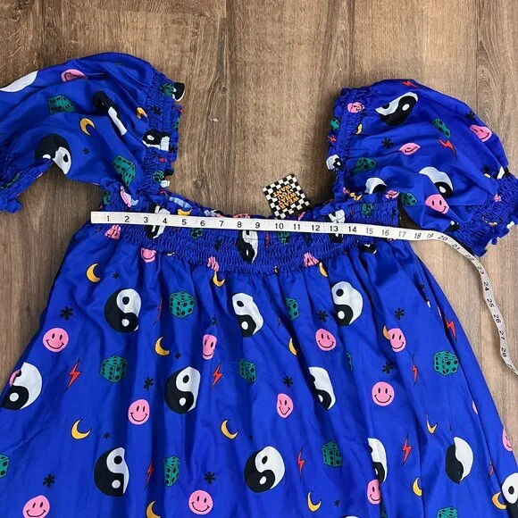 NEW Dressed in LALA Forget the Rules Icon Dress Blue Yin Yang Smile Dress L - Picture 13 of 15